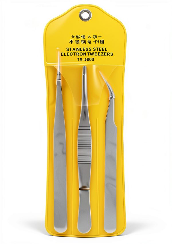 Precision ESD Tweezers Set 3pcs Stainless Steel Curved 1.5mm-8