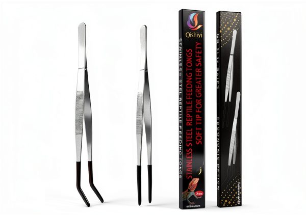 Extra Long Feeding Tongs with Rubber Cover Tips,2PCS 11.8" Stainless Steel Long Tweezers for Fish Tank,Terrarium,Reptile, Bearded Dragon(Straight and Curved Tweezers） (Silver, 11.8inch)-1