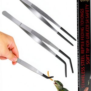 Extra Long Feeding Tongs with Rubber Cover Tips,2PCS 11.8" Stainless Steel Long Tweezers for Fish Tank,Terrarium,Reptile, Bearded Dragon(Straight and Curved Tweezers） (Silver, 11.8inch)-0