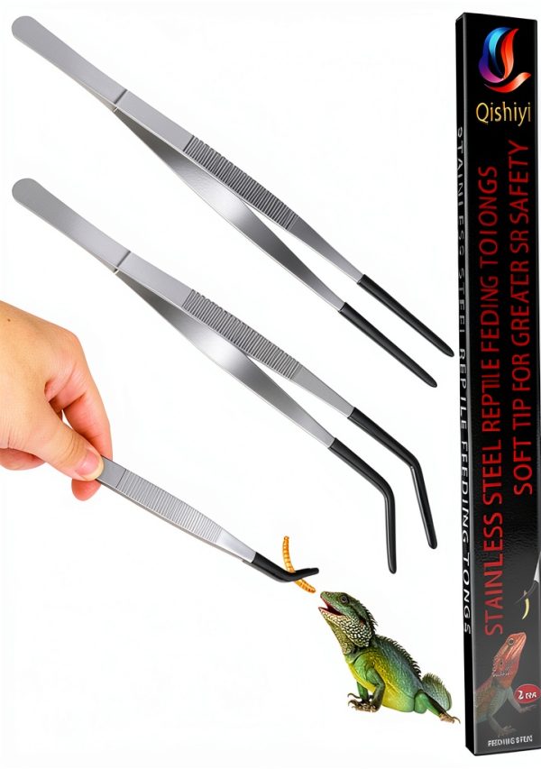 Extra Long Feeding Tongs with Rubber Cover Tips,2PCS 11.8" Stainless Steel Long Tweezers for Fish Tank,Terrarium,Reptile, Bearded Dragon(Straight and Curved Tweezers） (Silver, 11.8inch)-0