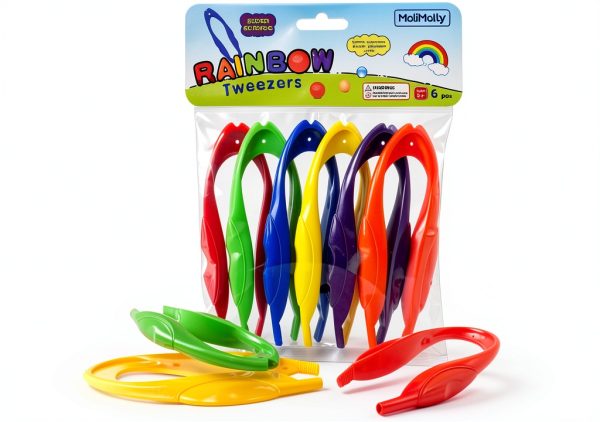 6Pcs Plastic Colorful Easy Grip Rainbow Tweezers for Kids Lab Tools-0