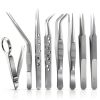 8 Pcs Tweezers Set Stainless Steel Tweezers Forceps with Magnifying Glass Straight Fine Point Forceps Curved Round Flat Tip Tweezers 9 Holes Straight Curved Tip Tweezers for Beauty Craft (Simple)-0