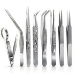 8 Pcs Tweezers Set Stainless Steel Tweezers Forceps with Magnifying Glass Straight Fine Point Forceps Curved Round Flat Tip Tweezers 9 Holes Straight Curved Tip Tweezers for Beauty Craft (Simple)-0