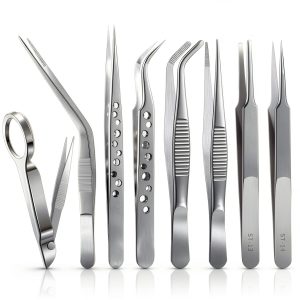 8 Pcs Tweezers Set Stainless Steel Tweezers Forceps with Magnifying Glass Straight Fine Point Forceps Curved Round Flat Tip Tweezers 9 Holes Straight Curved Tip Tweezers for Beauty Craft (Simple)-0