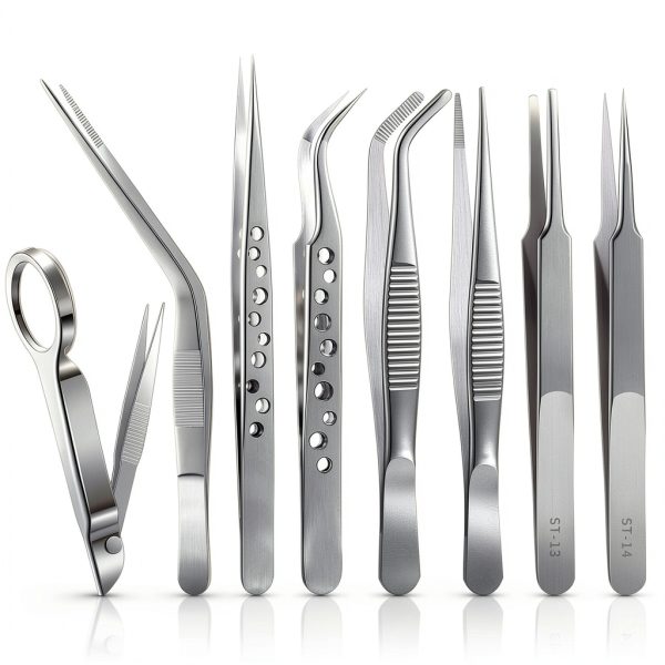 8 Pcs Tweezers Set Stainless Steel Tweezers Forceps with Magnifying Glass Straight Fine Point Forceps Curved Round Flat Tip Tweezers 9 Holes Straight Curved Tip Tweezers for Beauty Craft (Simple)-0