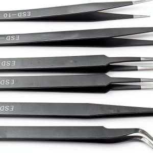6pcs Precision ESD Tweezers Set, Anti-Static Stainless Steel Tweezers, Non-Magnetic Curved Set, Electronics Kit for Jewelry, Craft, Electronics (1.5mm)-0