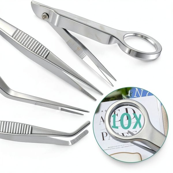 8 Pcs Tweezers Set Stainless Steel Tweezers Forceps with Magnifying Glass Straight Fine Point Forceps Curved Round Flat Tip Tweezers 9 Holes Straight Curved Tip Tweezers for Beauty Craft (Simple)-1