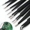 6pcs Precision ESD Tweezers Set, Anti-Static Stainless Steel Tweezers, Non-Magnetic Curved Set, Electronics Kit for Jewelry, Craft, Electronics (1.5mm)-6