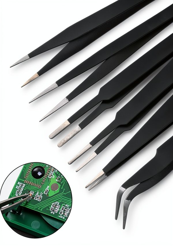 6pcs Precision ESD Tweezers Set, Anti-Static Stainless Steel Tweezers, Non-Magnetic Curved Set, Electronics Kit for Jewelry, Craft, Electronics (1.5mm)-6